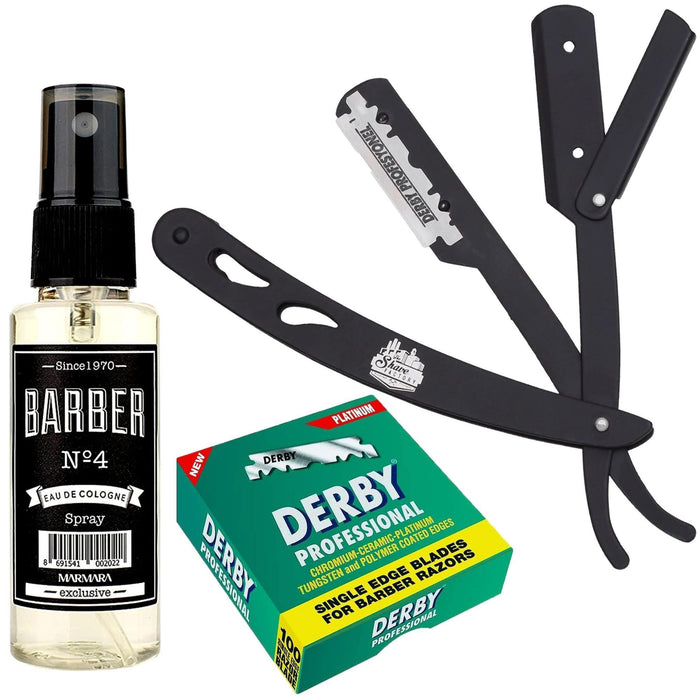 The Shave Factory Straight Edge Razor Kit (Black/Barber No4 Cologne 50ml / 100 Derby Professional Single Edge Razor Blades) - BarberSets