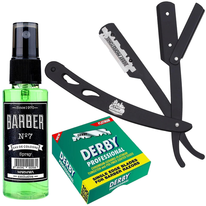 The Shave Factory Straight Edge Razor Kit (Black/Barber No7 Cologne 50ml / 100 Derby Professional Single Edge Razor Blades) - BarberSets