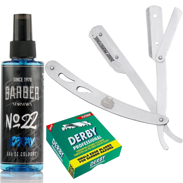 The Shave Factory Straight Edge Razor Kit (Steel Razor/Barber No22 50ml Cologne / 100 Derby Professional Single Edge Razor Blades) - BarberSets