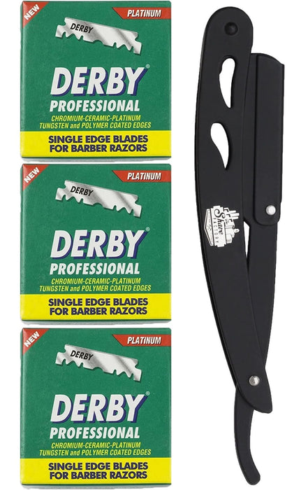 The Shave Factory Straight Edge Razor Kit (Black / 300 Derby Professional Single Edge Razor Blades) - BarberSets