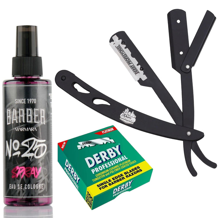 The Shave Factory Straight Edge Razor Kit (Black/Barber No25 50ml Cologne / 100 Derby Professional Single Edge Razor Blades) - BarberSets