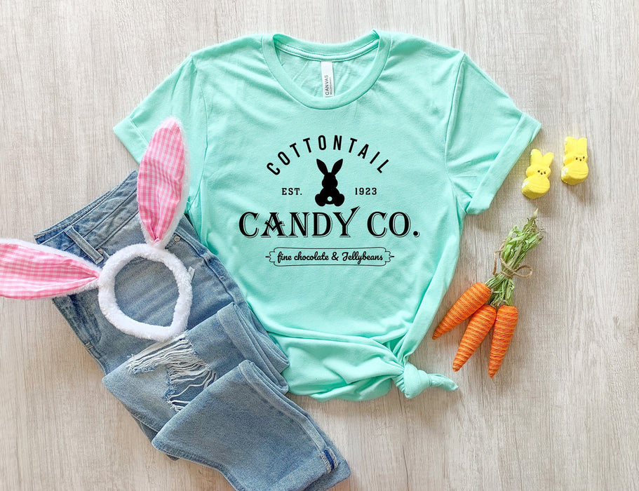 Camisa Cottontail Candy Co, camisa de chocolate fino y gominolas, camisa de conejito de Pascua, camisa de caramelo de Pascua, camisa de cola de conejito, camisa de Pascua feliz 