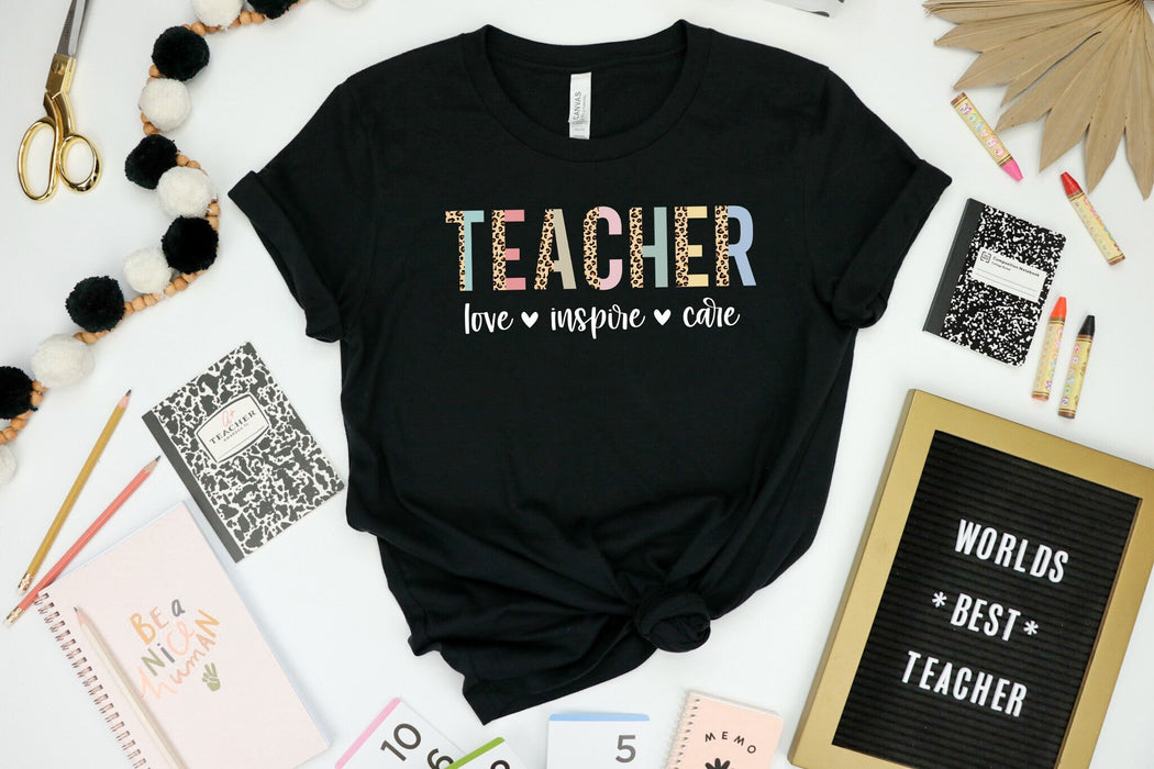 Camisa de maestro leopardo, camisa de cuidado Love Inspire, camisa de corazón de maestro, camisa de amor de maestro, camisa de vida de maestro, camisa del día del maestro, regalo de maestro