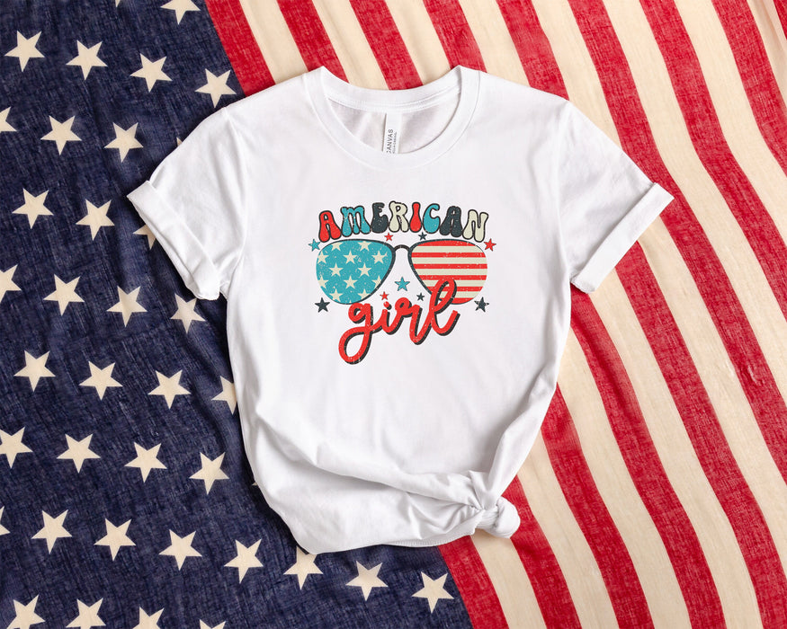 Camisa de niña americana, camisa americana, camisa de bandera americana, camisa de gafas americanas, camisa del 4 de julio, camisa de mujer americana, día de la independencia 