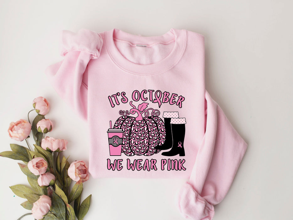 Es octubre, usamos camisa rosa, concientización sobre el cáncer, camisa de calabaza leopardo, camisa con lazo rosa, camisa de lucha contra el cáncer, sudadera rosa del día