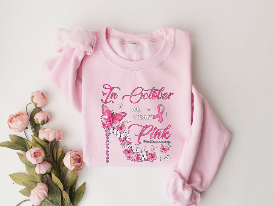 In October We Wear Pink, Breast Cancer Awareness, Cancer Family Support, Pink Ribbon shirt 100% Cotton T-shirt High Quality