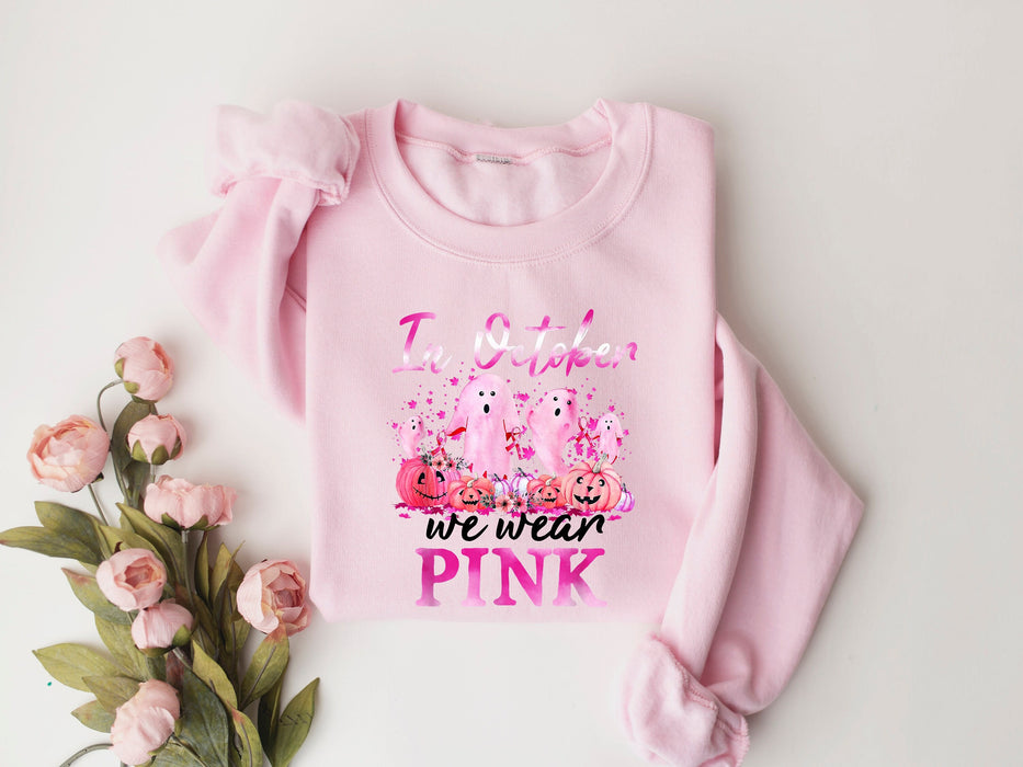 En octubre usamos camisa rosa, camisa del día rosa de Halloween, concientización sobre el cáncer, camisa del día rosa calabaza, camisa con lazo rosa, sudadera del día rosa