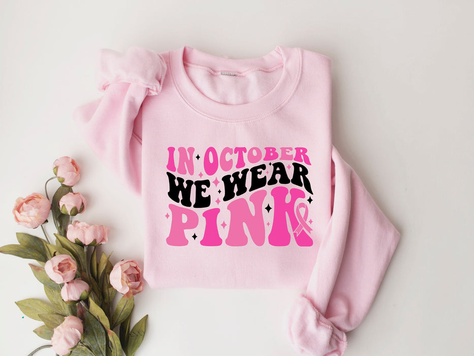 En octubre usamos camisa rosa, camisa de apoyo a la mujer contra el cáncer, sudadera de concientización sobre el cáncer de mama, camisa con lazo rosa, sudadera rosa del día