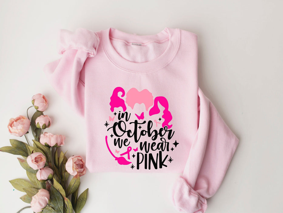 En octubre usamos camisa rosa, concientización sobre el cáncer de Halloween, camisa del día rosa de Hocus Pocus, camisa con lazo rosa, luchador contra el cáncer, sudadera del día rosa