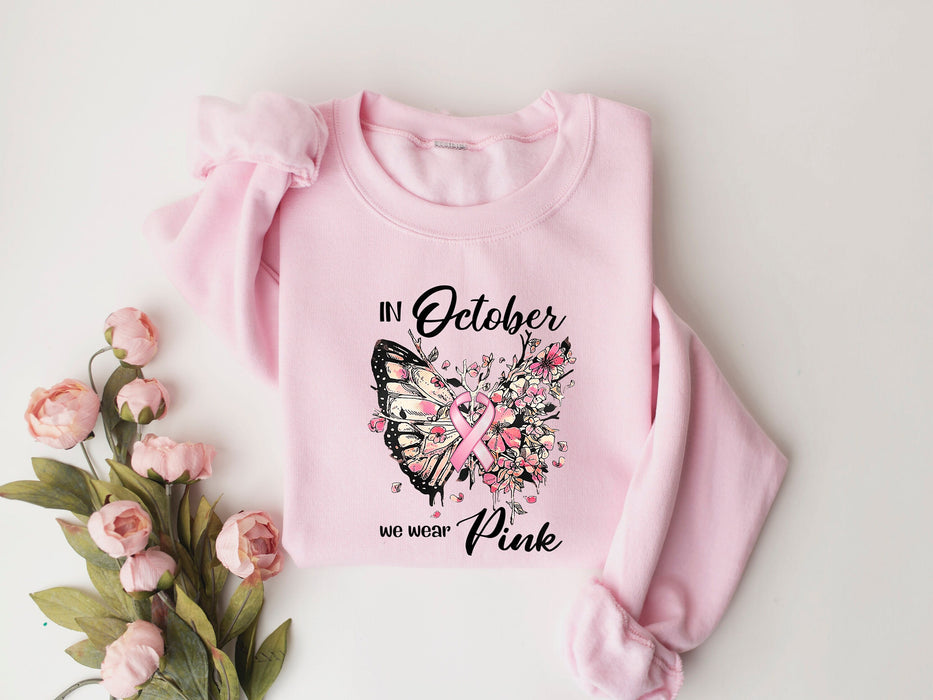 En octubre usamos camisa rosa, camisa del día rosa mariposa, concientización sobre el cáncer, camisa de apoyo familiar, camisa con lazo rosa, sudadera del día rosa