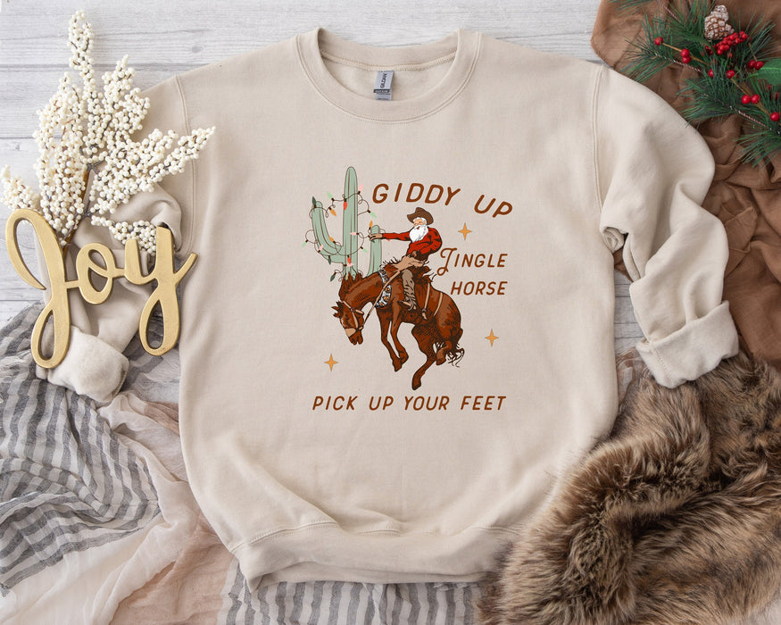 Cowboy Christmas Sweater, Giddy Up Jingle Horse Pick Up Your Feet, Howdy Country Christmas Horse, Cowgirl shirt 100% Cotton T-shirt High Quality