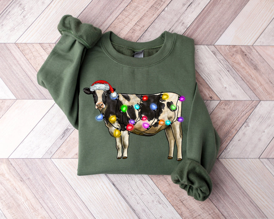 Sudadera de vaca de Navidad, suéter de luces de vaca, sudadera de mujer de vaca, camisa amante de las vacas, sudadera de Navidad, cuello redondo de vaca de las tierras altas, Navidad de granja 