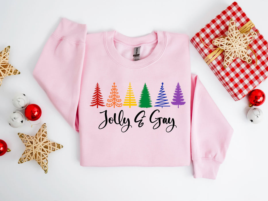 Sudadera alegre y gay, suéter Rainbow Trees, camiseta navideña LGBT, sudadera con capucha navideña Pride, camiseta homo favorita de Papá Noel, feliz y gay